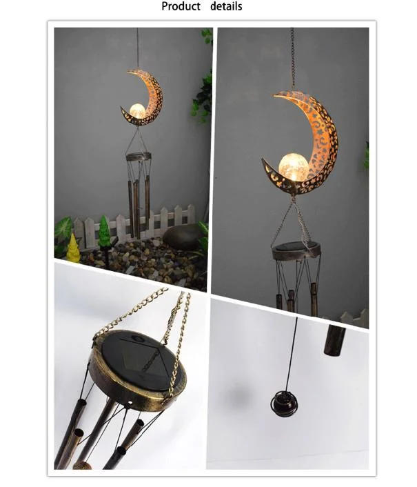 Outdoor Yard Holiday Decoration Wholesale Solar Powered Water Proof Moon Fairy LED Metal Glass Wind Chime Garden Decorative Lighting