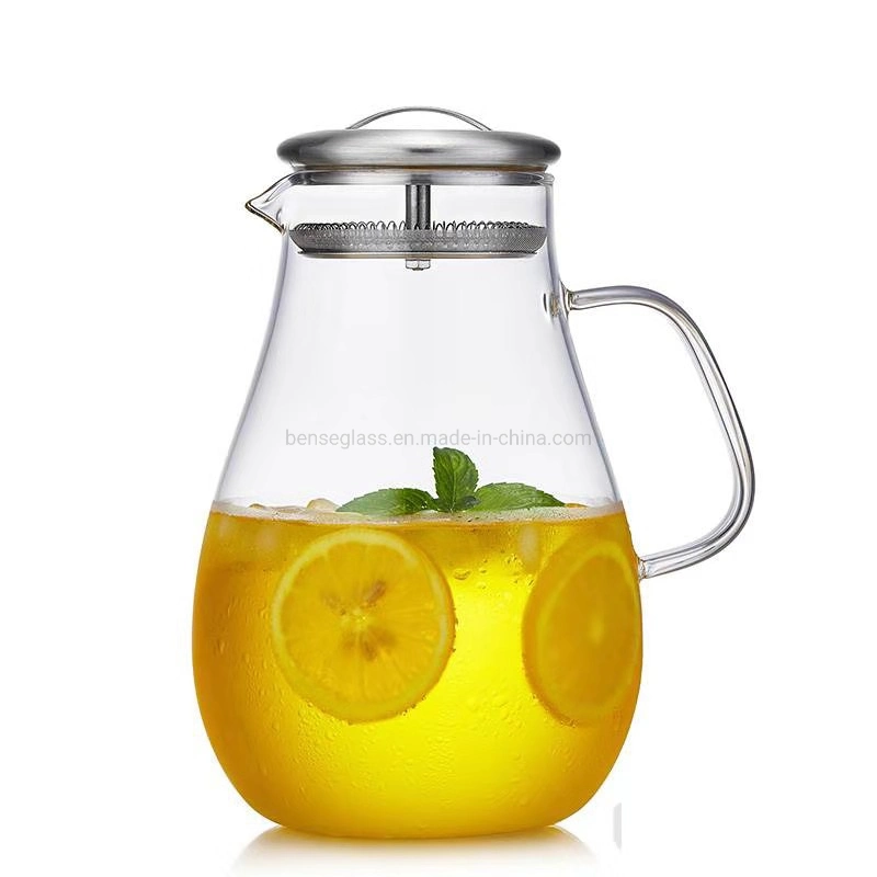 Glass Tea Pot Drinking Pitcher Stainless Steel Lid Lemon Fruit Water Pot Set Beverage Water Jug