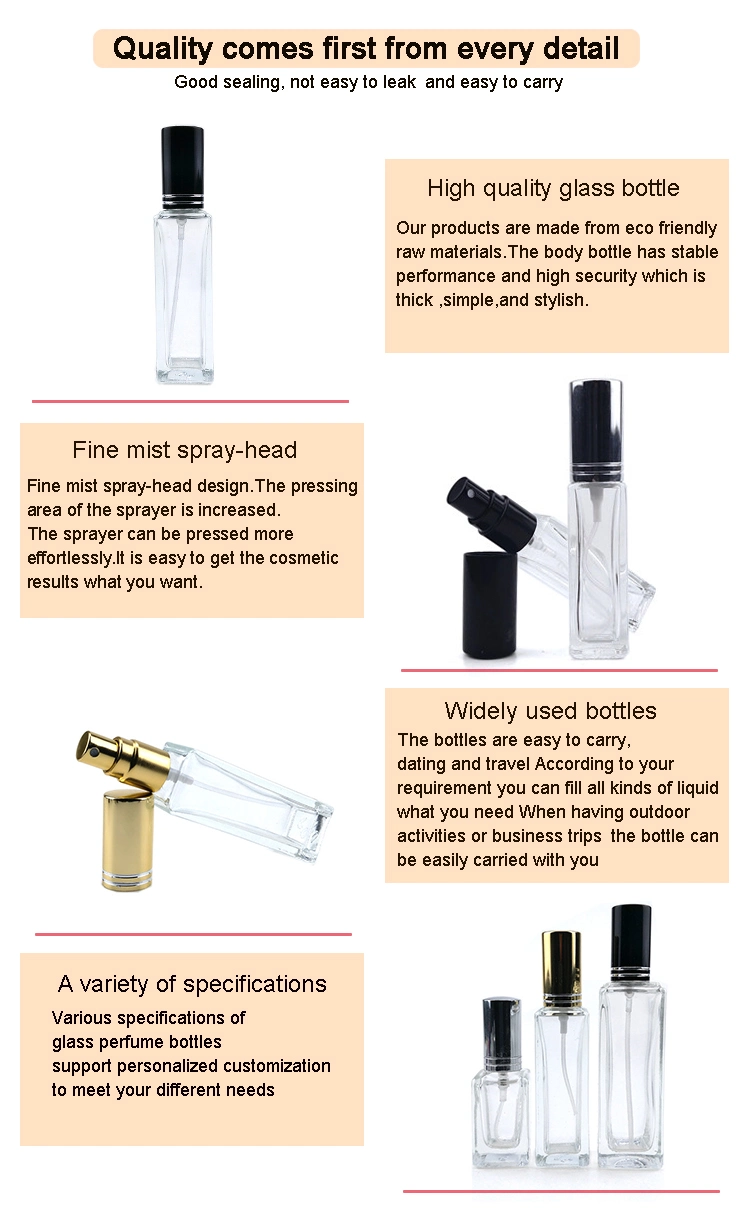 10ml 30ml 50ml 100ml Clear Perfume Bottles Empty Square Shaped Crystal Glass Spray Perfume Bottle with Gold Mist Sprayer Pump
