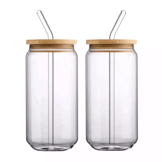 Caneca de café de suco de 25 onças em branco, copo de vidro de sublimação transparente transparente fosco com tampa de bambu e canudo