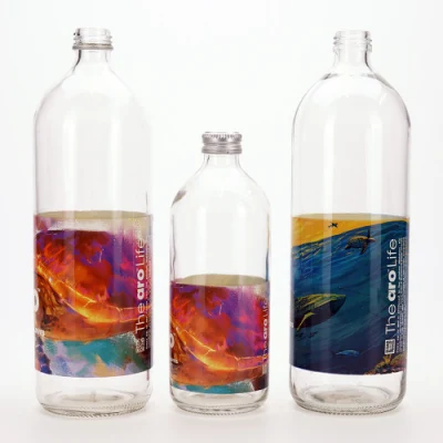 Garrafa de vidro de água redonda 500ml 1000ml Flint Vista com impressão de etiqueta